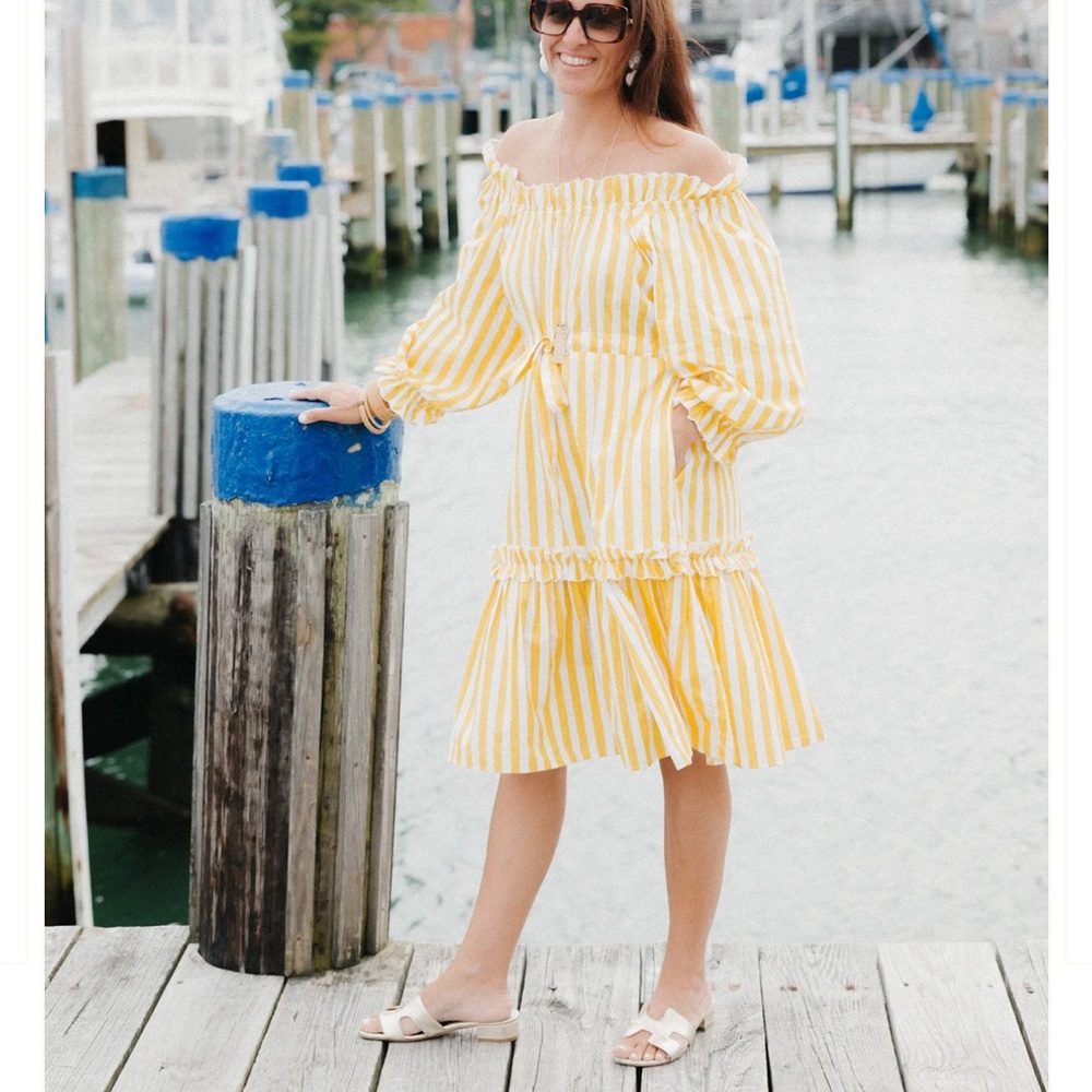 Sunny Yellow Striped Off-Shoulder Midi Dress